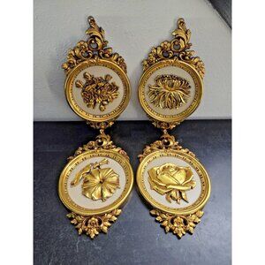 1977 Dart Industries Gold Floral Wall Plaques Set of 4 Hollywood Regency USA 14"